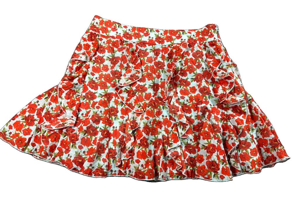 Alice + Olivia Sherley Floral Ruffle Mini Skirt Forget Me Not Bright Poppy Sz 4
